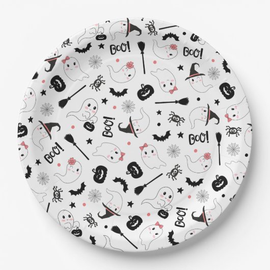 Cute Boo Spooky Ghost Halloween Pink Girl ペーパープレート (正面)