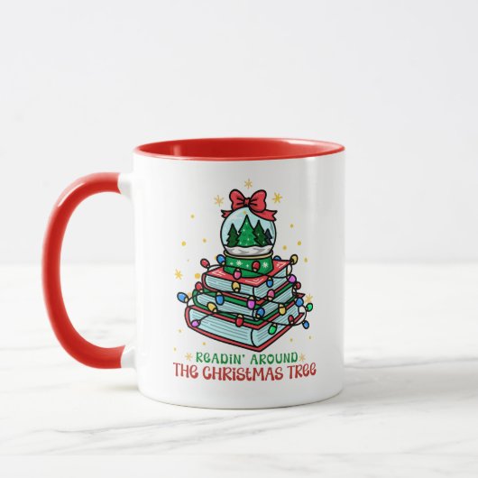 Cute Book Lover Reading Around the Christmas Tree  マグカップ (左)