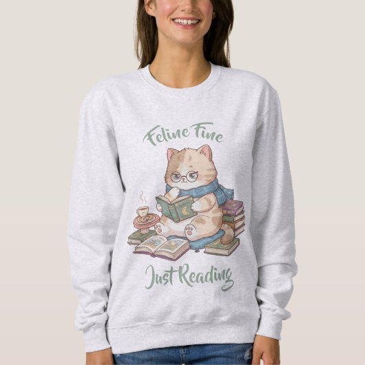 Cute Book Lover Sweater Cozy Cat Reading スウェットシャツ (正面)