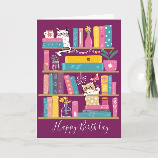 Cute Books & Cats Birthday Card –Cat Lover  カード (正面)