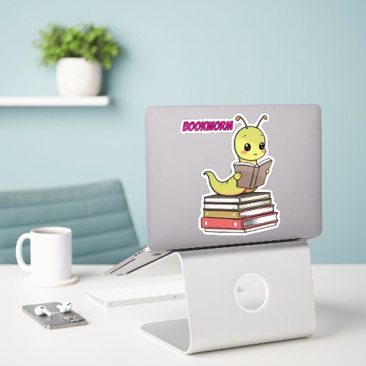Cute Bookworm Sticker | Adorable Reading Worm  シール (デスク上のノートパソコン)
