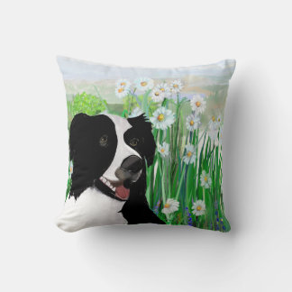 Cute, Border Collie Daisies Wall Art Poster クッション