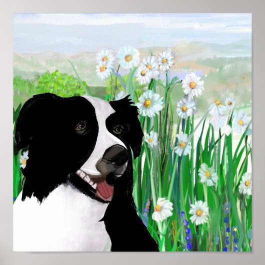 Cute, Border Collie Daisies Wall Art Poster ポスター (正面)