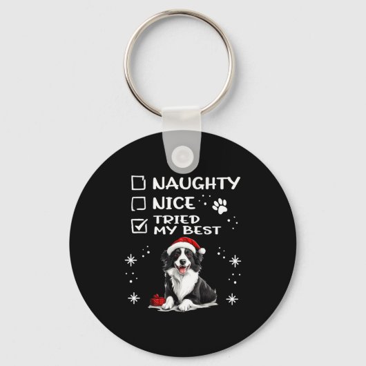 Cute Border Collie Dog Christmas Naughty Nice Trie キーホルダー (正面)