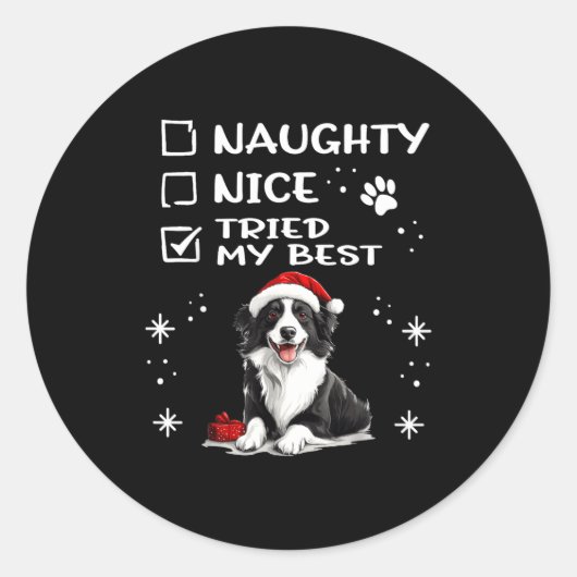 Cute Border Collie Dog Christmas Naughty Nice Trie ラウンドシール (正面)