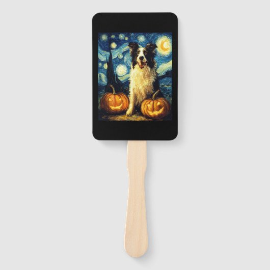 Cute Border Collie Dog Halloween Jack O Lantern Pu ハンドファン (正面)