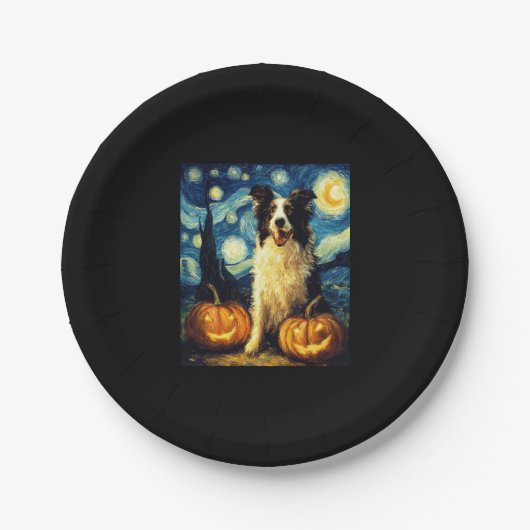 Cute Border Collie Dog Halloween Jack O Lantern Pu ペーパープレート (正面)