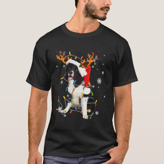 Cute Border Collie Dog Lights Santa Hat Xmas Tree Tシャツ (正面)