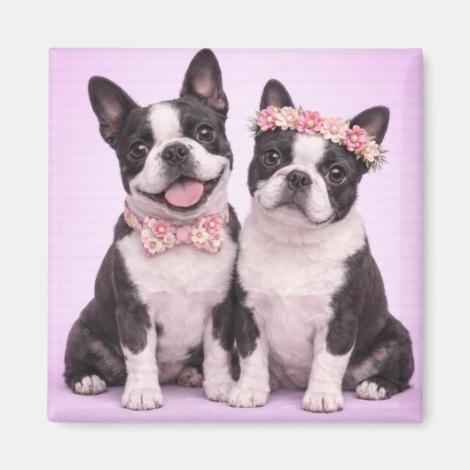 Cute Boston Terrier Couple Valentine Illustration  マグネット (正面)