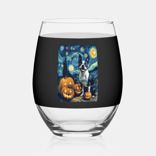Cute Boston Terrier Dog Halloween Jack O Lantern P ステムなしワイングラス (正面)