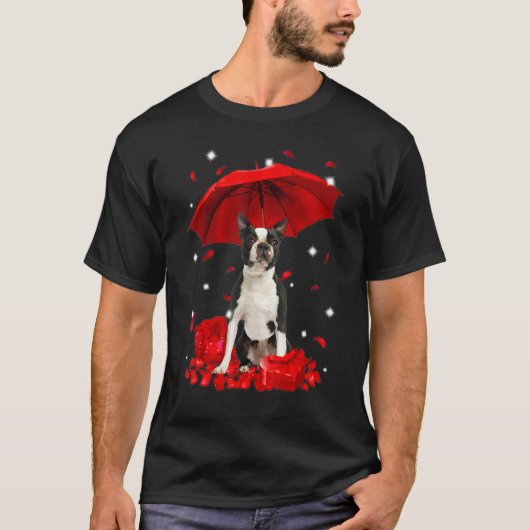 Cute Boston Terrier Valentine Hearts Umbrella Love Tシャツ (正面)