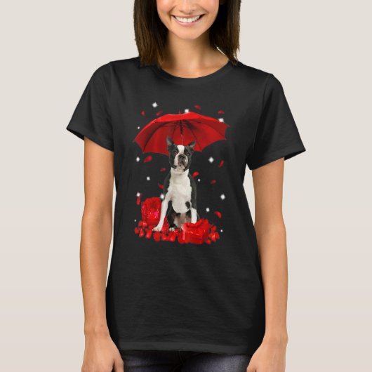 Cute Boston Terrier Valentine Hearts Umbrella Love Tシャツ (正面)