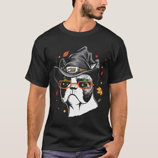 Cute Boston Terrier With Witch Hat Halloween Costu Tシャツ (正面)