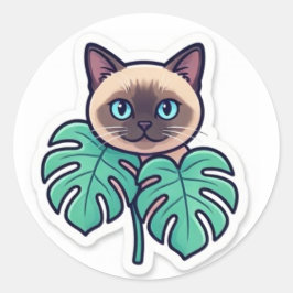 Cute Botanical Siamese Cat With Leaves Sticker   ラウンドシール