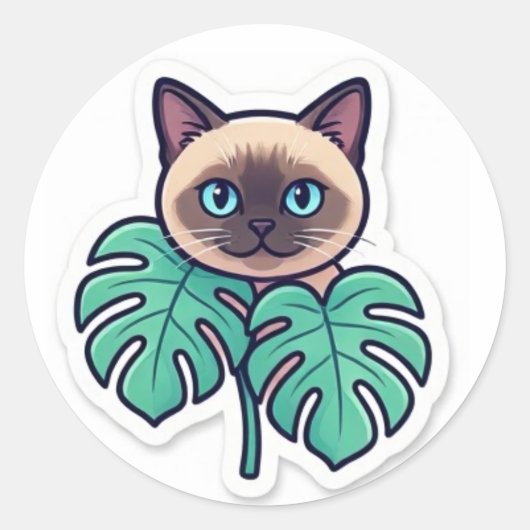 Cute Botanical Siamese Cat With Leaves Sticker   ラウンドシール (正面)