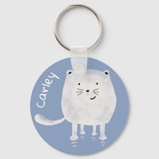 Cute Bouncing White Cat Personalised キーホルダー (正面)