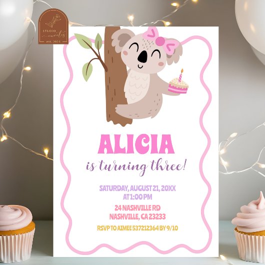 Cute Bow Koala Girl Birthday Invitation 招待状