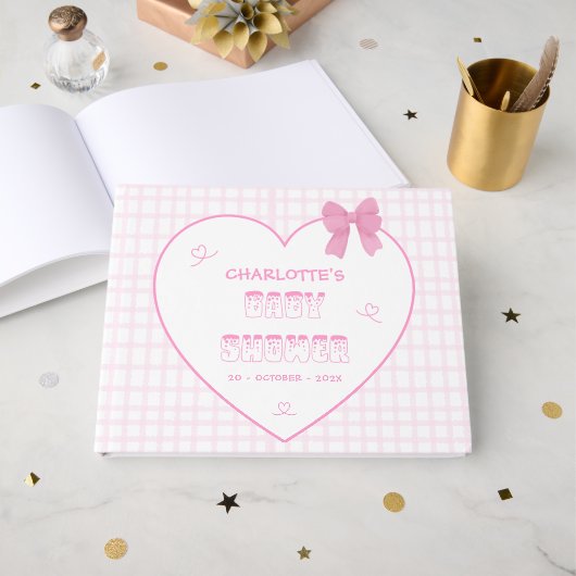 Cute Bow Pastel Pink Gingham Baby Shower ゲストブック (正面見開き)