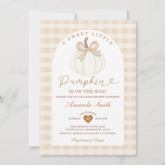 Cute Bow Sweet Little Pumpkin Gingham Baby Shower 招待状 (正面)