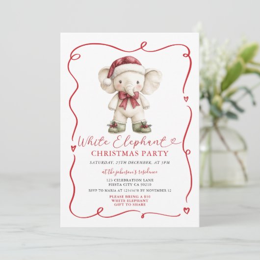 Cute Bow White Elephant Christmas Party Exchange 招待状 (スタンド正面)