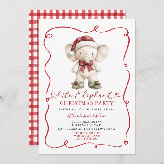 Cute Bow White Elephant Christmas Party Exchange 招待状 (正面/裏面)