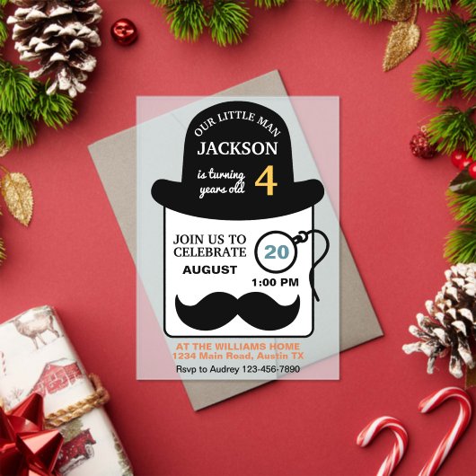 Cute Bowler Hat and Monocle Any Age Birthday Party アクリル招待状 (インサイチュ (クリスマス))