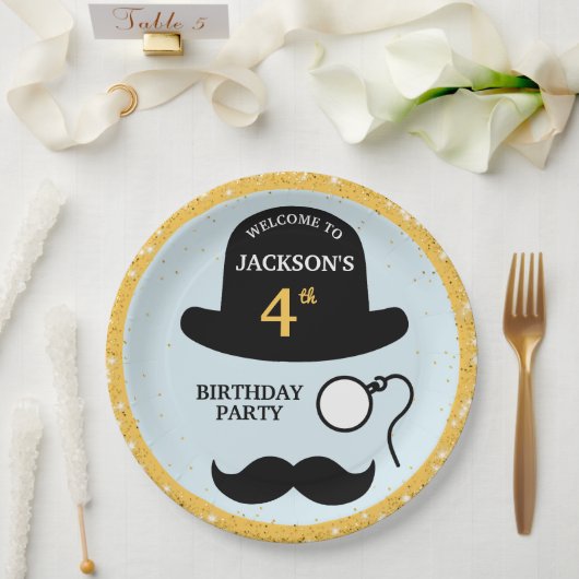 Cute Bowler Hat and Monocle Any Age Birthday Party ペーパープレート (ウェディング)