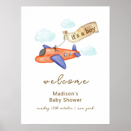 Cute Boy Aviator Airplane Baby Shower Welcome ポスター
