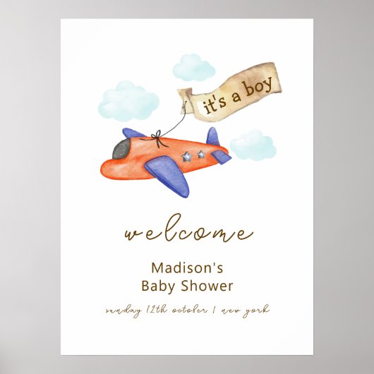 Cute Boy Aviator Airplane Baby Shower Welcome ポスター (正面)