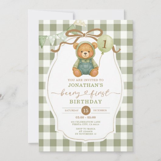 Cute Boy Beary First Birthday Sage Green Gingham 招待状 (正面)