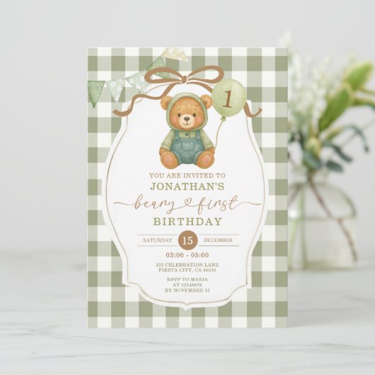 Cute Boy Beary First Birthday Sage Green Gingham 招待状 (スタンド正面)