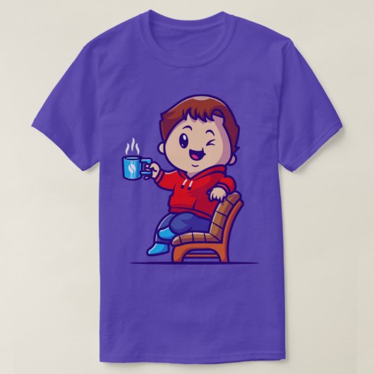 Cute Boy Drink Hot Coffee On Chair Cartoon Tシャツ (デザイン正面)