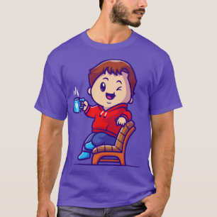Cute Boy Drink Hot Coffee On Chair Cartoon Tシャツ