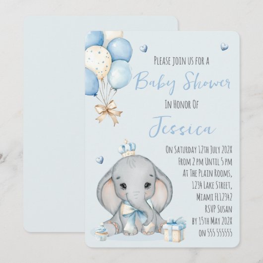 Cute Boy Elephant Prince Baby Shower Invitation 招待状 (正面/裏面)