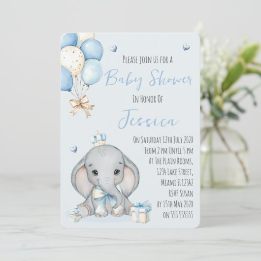 Cute Boy Elephant Prince Baby Shower Invitation 招待状 (スタンド正面)