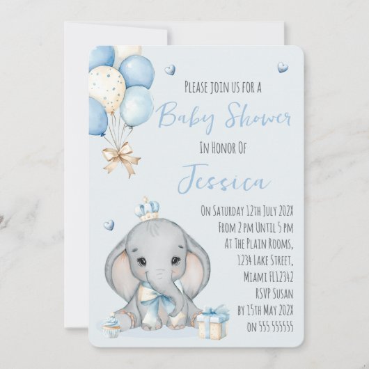 Cute Boy Elephant Prince Baby Shower Invitation 招待状 (正面)