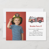 Cute Boy Firefighter Photo Kids 2nd Birthday Party 招待状 (正面)