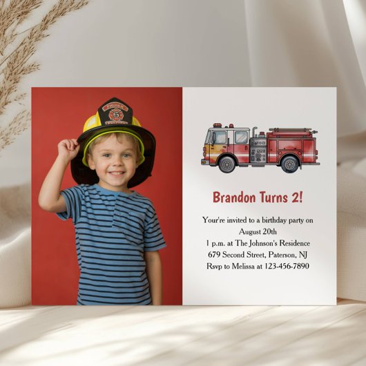 Cute Boy Firefighter Photo Kids 2nd Birthday Party 招待状