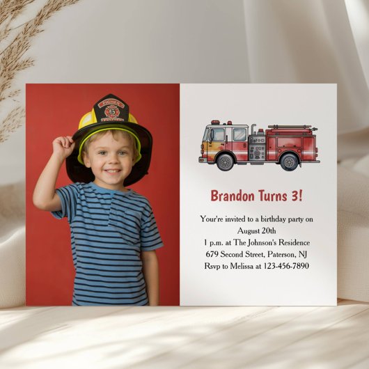 Cute Boy Firefighter Photo Kids 3rd Birthday Party 招待状