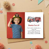 Cute Boy Firefighter Photo Kids 4th Birthday Party 招待状