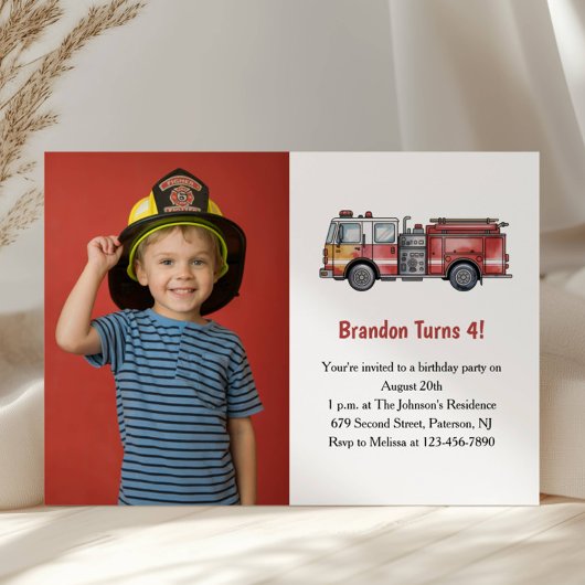 Cute Boy Firefighter Photo Kids 4th Birthday Party 招待状