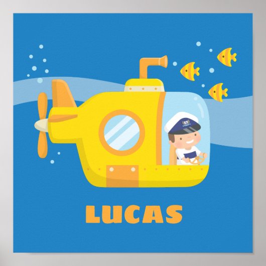 Cute Boy in Submarine Kids Room Wall Decor Poster ポスター (正面)