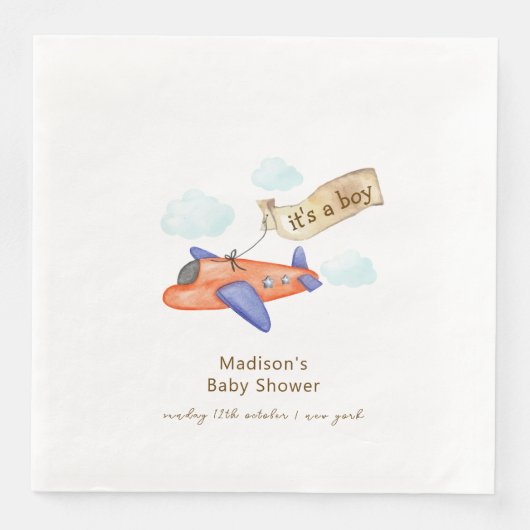 Cute Boy Minimal Aviator Airplane Baby Shower  (正面)