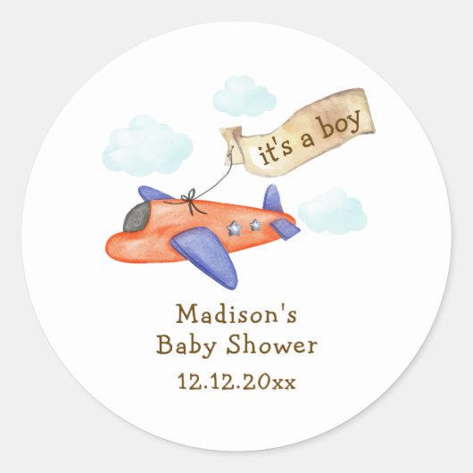 Cute Boy Minimal Aviator Airplane Baby Shower  ラウンドシール (正面)