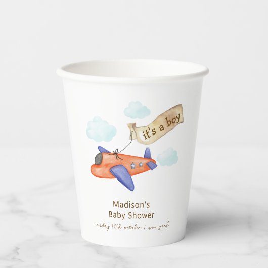 Cute Boy Minimal Aviator Airplane Baby Shower  紙コップ (正面)