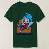 Cute Boy Operating Phone On Sofa Cartoon Tシャツ (デザイン正面)