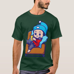 Cute Boy Operating Phone On Sofa Cartoon Tシャツ