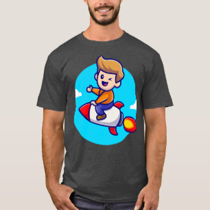 Cute Boy Riding Rocket Cartoon Illustration Tシャツ