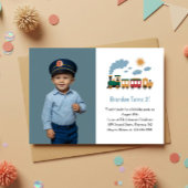 Cute Boy Train Photo Kids 2nd Birthday Party 招待状