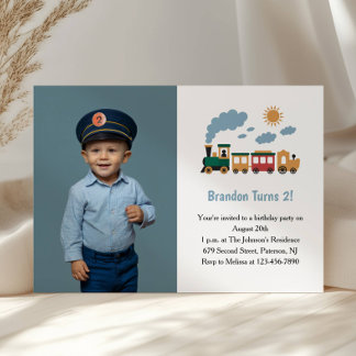 Cute Boy Train Photo Kids 2nd Birthday Party 招待状